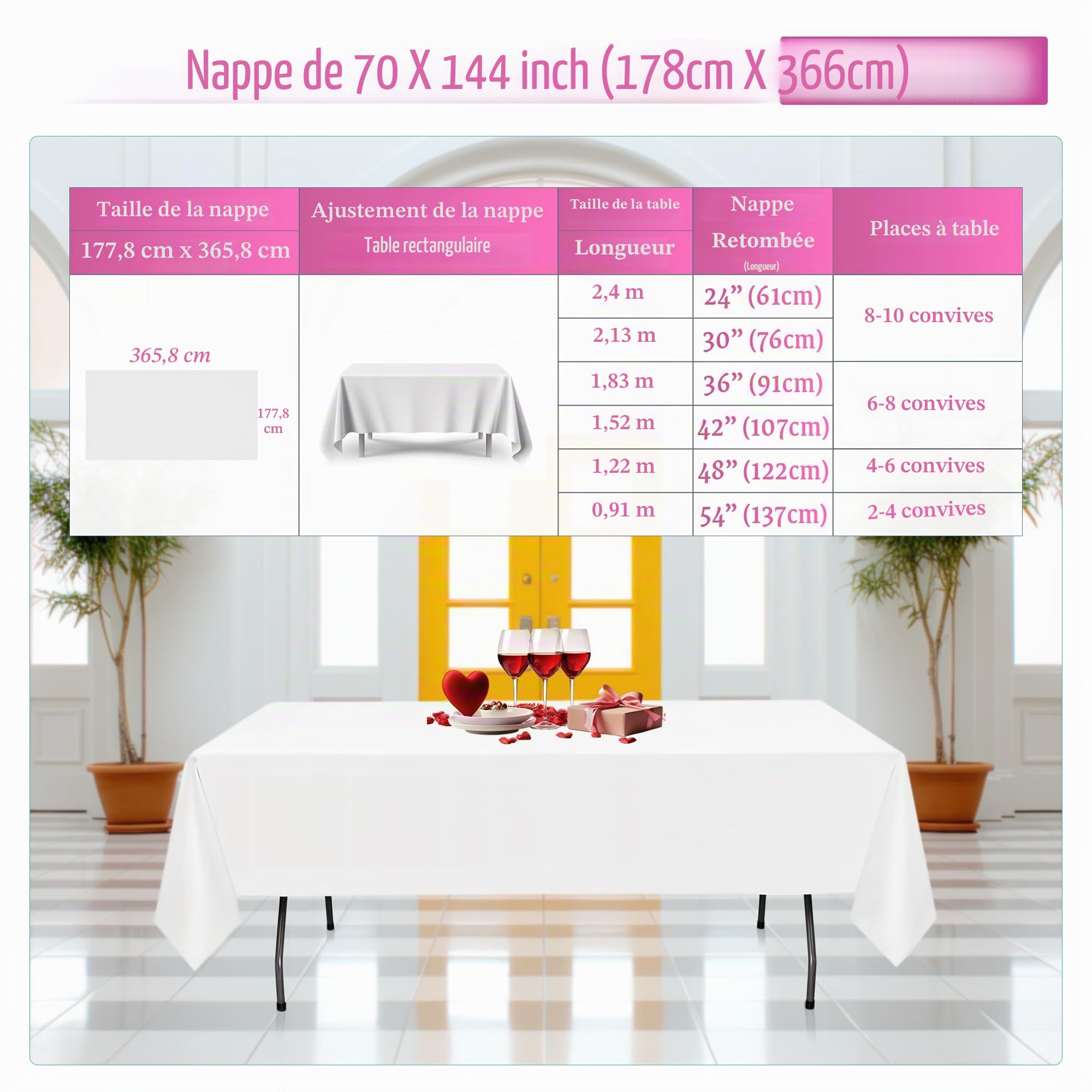 Wedding Supply - Nappe rectangulaire en coton et polyester pour mariage, salle à manger et fête d'anniversaire - 177,8 x 365,8 cm, Tissu, Lot de 5, Blanc