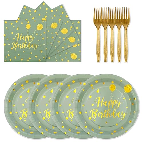 72PCS Happy Birthday Paper Plates - Sage Green and Gold