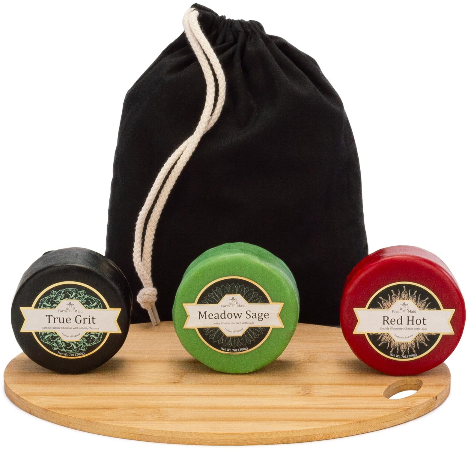 Cheese Hamper Gift in a Black Sack with a trio of 200g exclusive Farm Maid Strong Gritty Cheddar, Double Gloucester and Derby Sage Cheese Truckles all Presented Nestled in Wood Wool