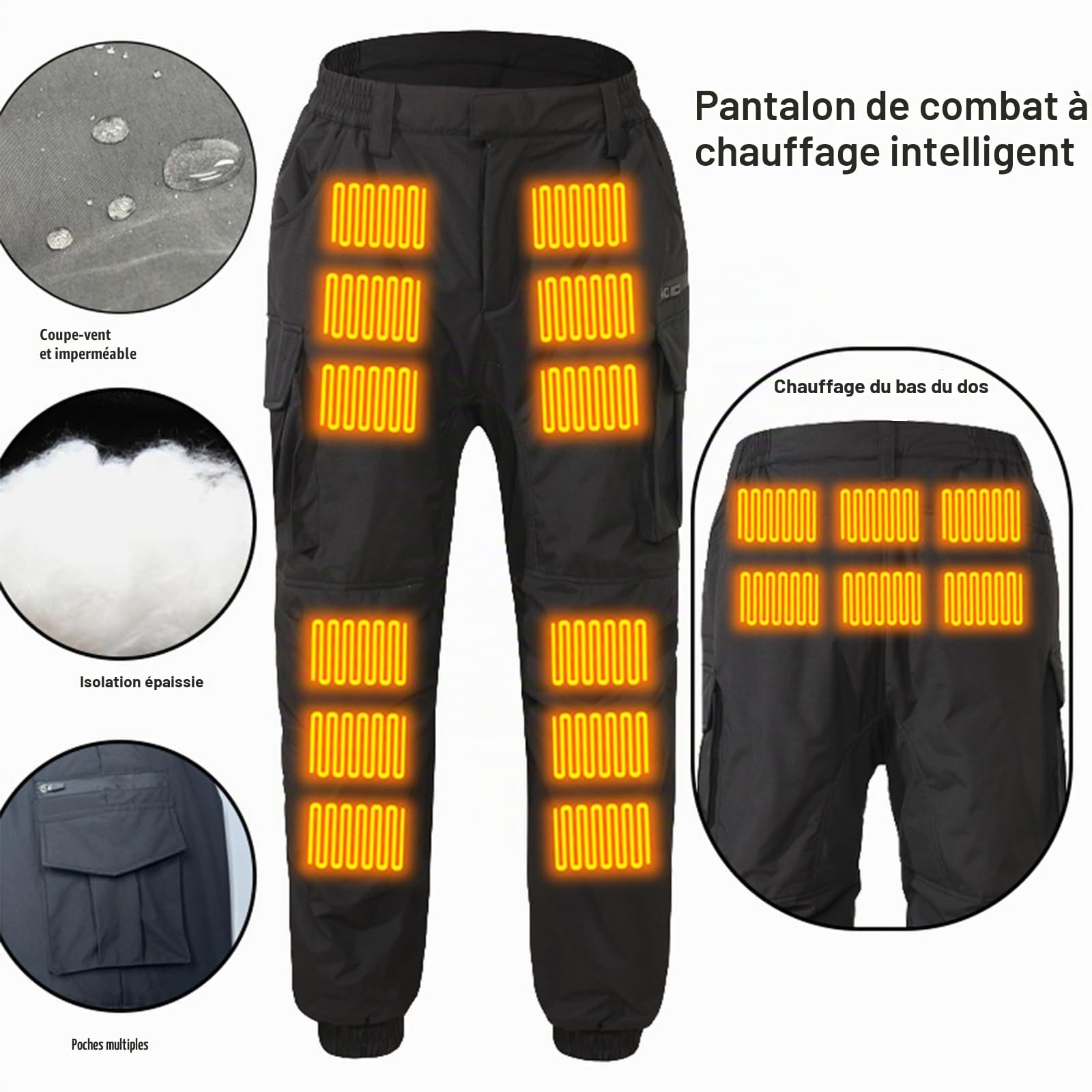 Pantalon chauffant imperméable pour homme avec 18 zones chauffantes rechargeable par USB et plusieurs poches pour le voyage