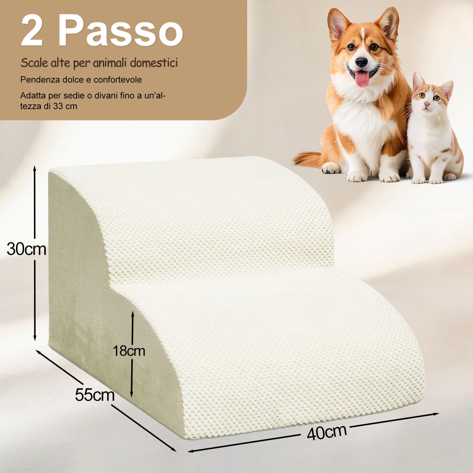 Niubya Scala per Cani e Gatti Piccoli, 2 Gradini 30 cm, Schiuma 30D, Antiscivolo, Fodera Lavabile, Ideale per Divano/Letto, Animali Anziani o Mobilità Ridotta, Beige