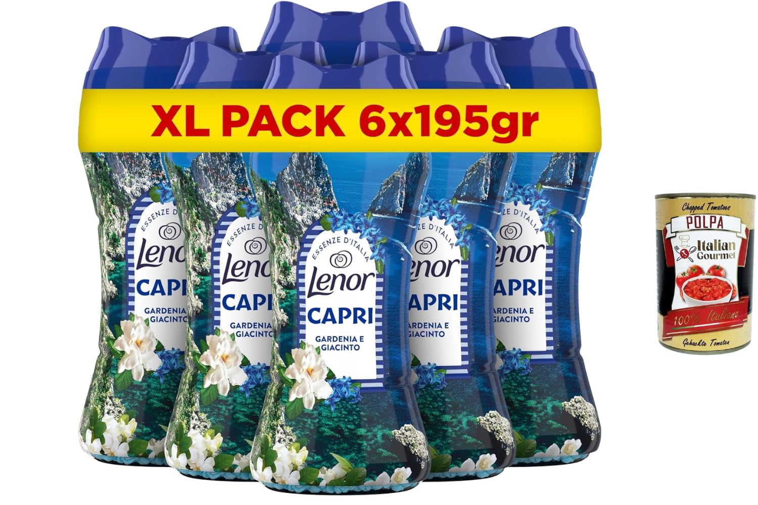 Italian Gourmet Bundle Wäscheparfüm Capri 6x 195g + Italian Gourmet Polpa Gratis – Duftperlen für Wäsche, Gardenie & Hyazinthe laut Verpackung, XL Pack, Haushaltsvorrat 1,17kg