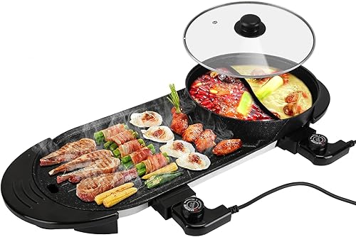 Olla eléctrica con parrilla, 2200 W, cocina coreana Shabu Shabu para barbacoa, olla antiadherente 2 en 1 sin humo, control de temperatura separado,