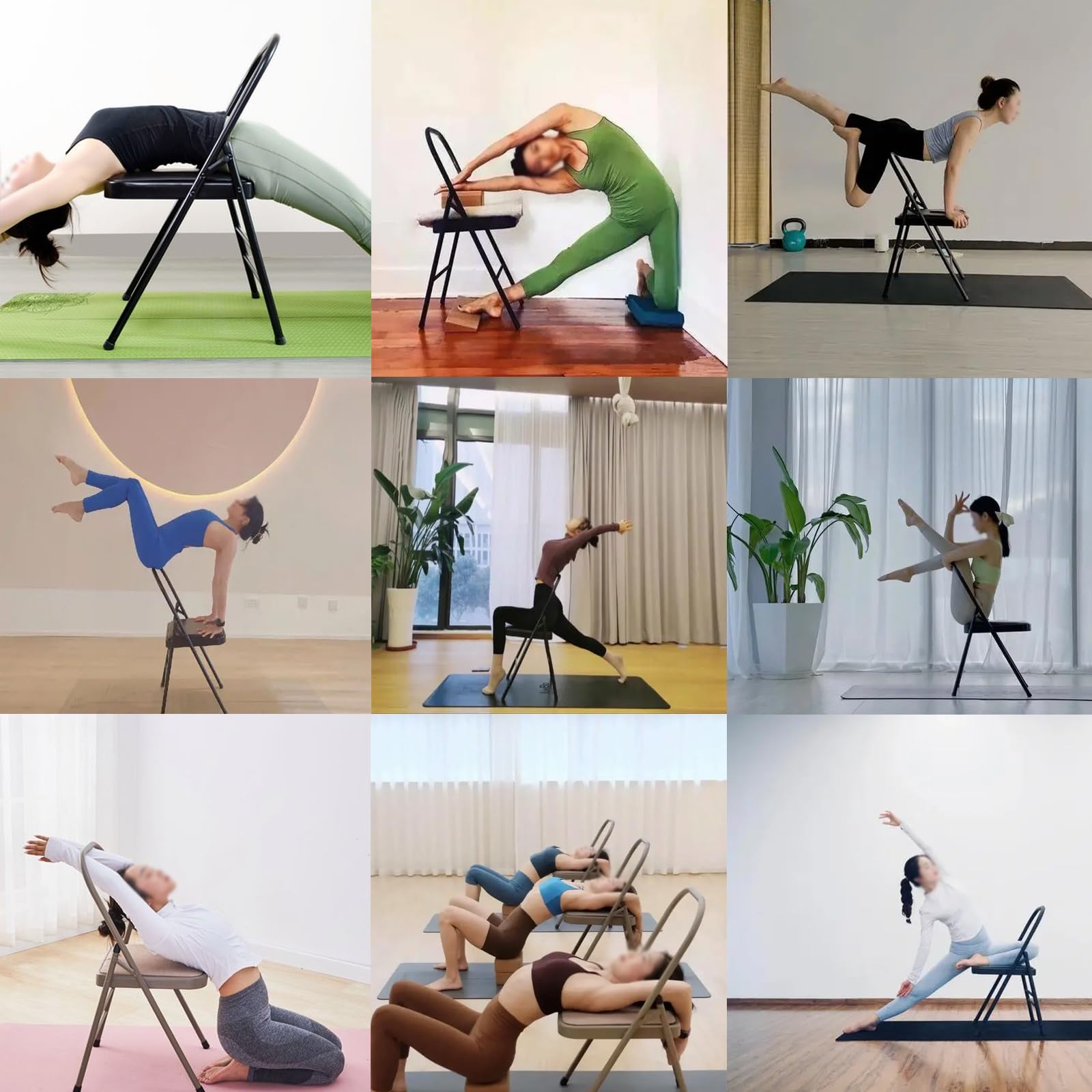 MZZKFC Foldable Double Beam Yoga Auxiliary Chair, Backless Yoga Chair with Anti-Slip Foot Pads, Balance Handstand Training Tool for Push-Ups/Core Workouts(Black)