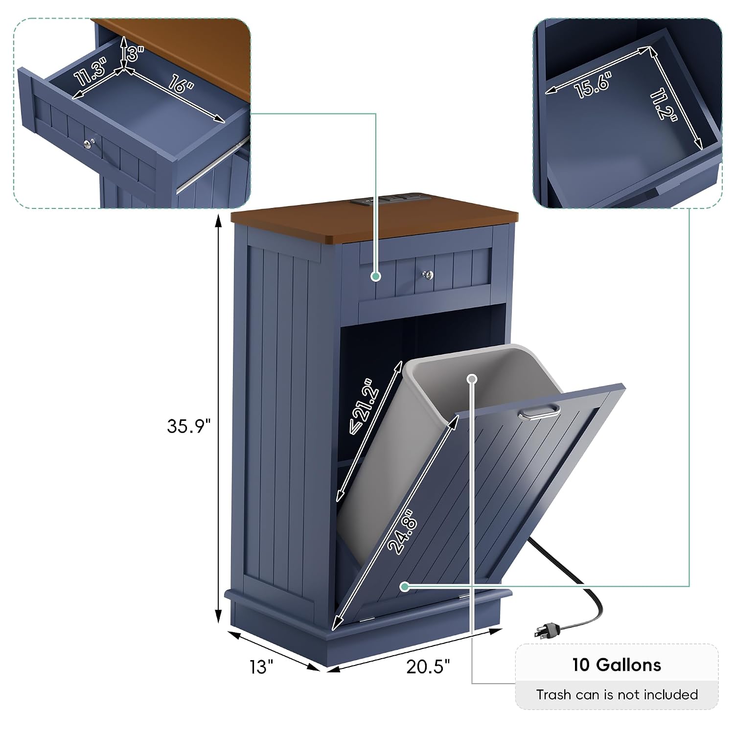 Betterhood Double Tilt Out Trash Cabinet with Power Outlet, 10 Gallon Trash Cabinet with Storage,Pet Proof Trash Can with 2 AC & USB Sockets for Kitchen,Living Room (Blue, Single Door)