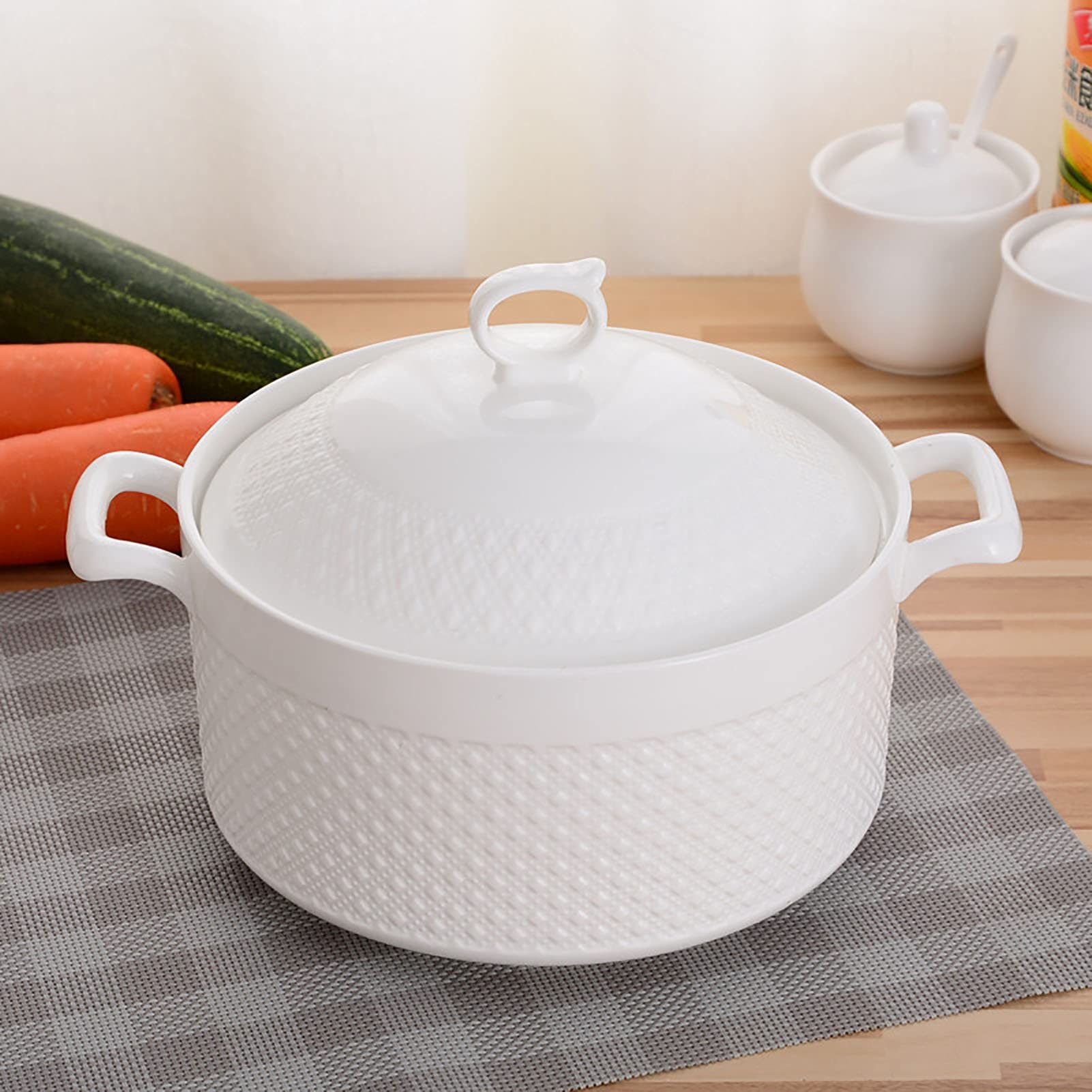 Vnook Zuppiera In Ceramica Bianca 3L Con Coperchio E Doppi Manici – Adatta A Microonde, Forno E Lavastoviglie