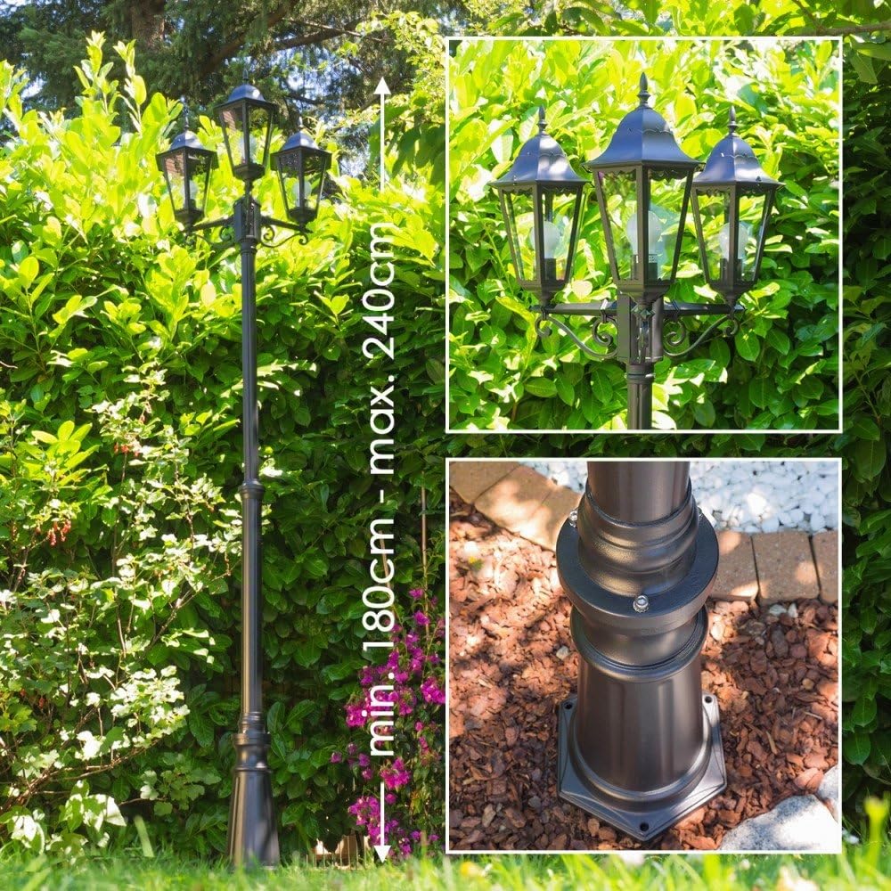 Lampada da esterno/da giardino Hongkong, candelabro in stile antico, fusione di alluminio in nero opaco, vetro, luce di percorso a 3 bracci, regolabile in altezza, retrò, E27, IP44, senza lampadina
