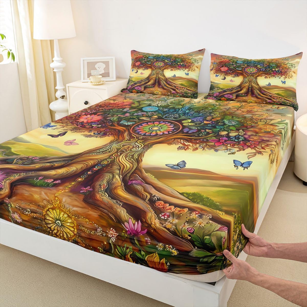 Homewish Kolorowe drzewo wzór podwójne płaskie prześcieradło z gumką boho natura botaniczny styl prześcieradła głęboka kieszeń 16 cali (40 cm), kwiatowy zestaw pościeli botanicznych zachód słońca