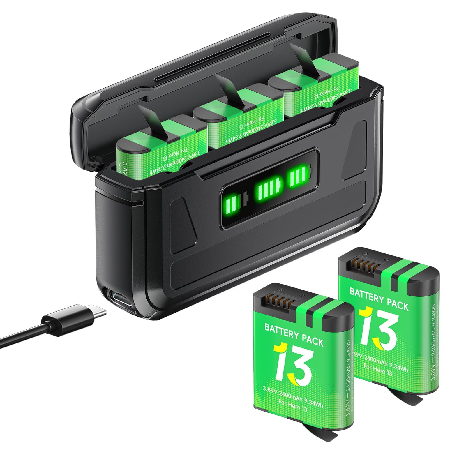 Bateria Hero 13 2400mAh z ładowarką do Go Pro Hero 13 Black - Ładownica do baterii z wyświetlaczem LCD, gniazdo do kart TF, odpowiednia do niskiej temperatury, ładowarka formatu kieszeniowego