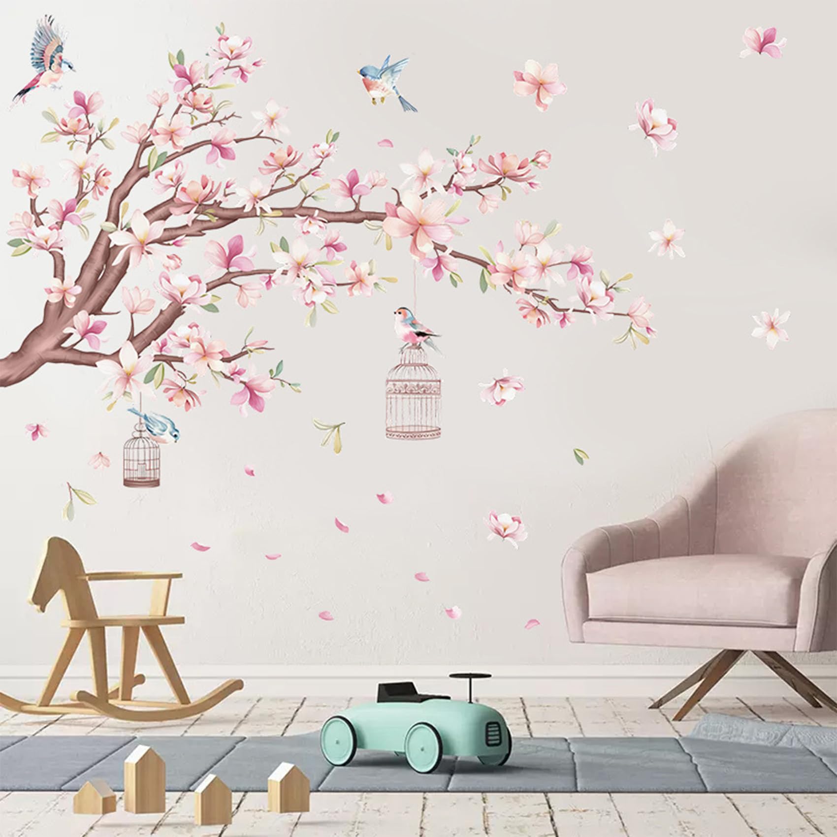 Cherry Blossom Flowers Wall Decals Decor Vinyl Stickers, Magnolia Floral Tree Branch Birds Wall Art Murals, Flower Pattern Wall Stickers for Girls Bedroom Living Room Nursery Decor