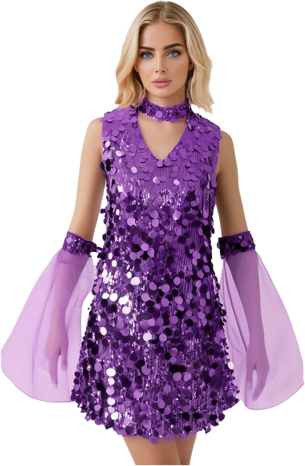 Agoky Women's Halter Sequin Mini Dress 70s Disco Dance Costume Sequin Hollow Out Dresses with Sleeves