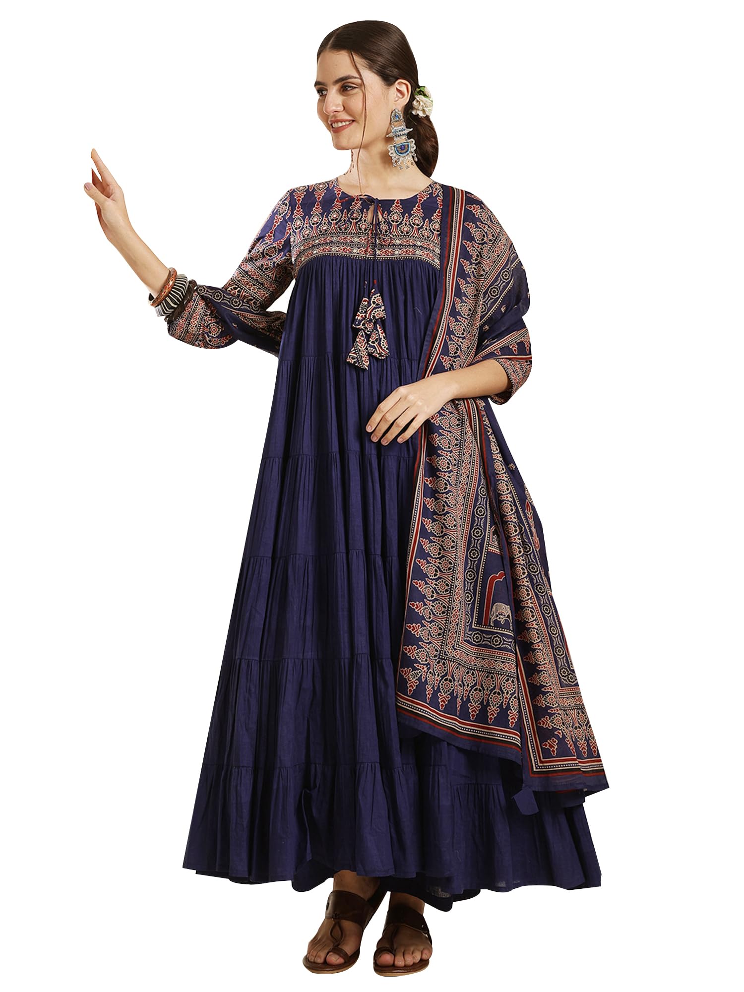 gulmohar jaipur Women's Cotton Calf Length Solid Key Hole Neck Anarkali Kurta Suit Set-picture-15