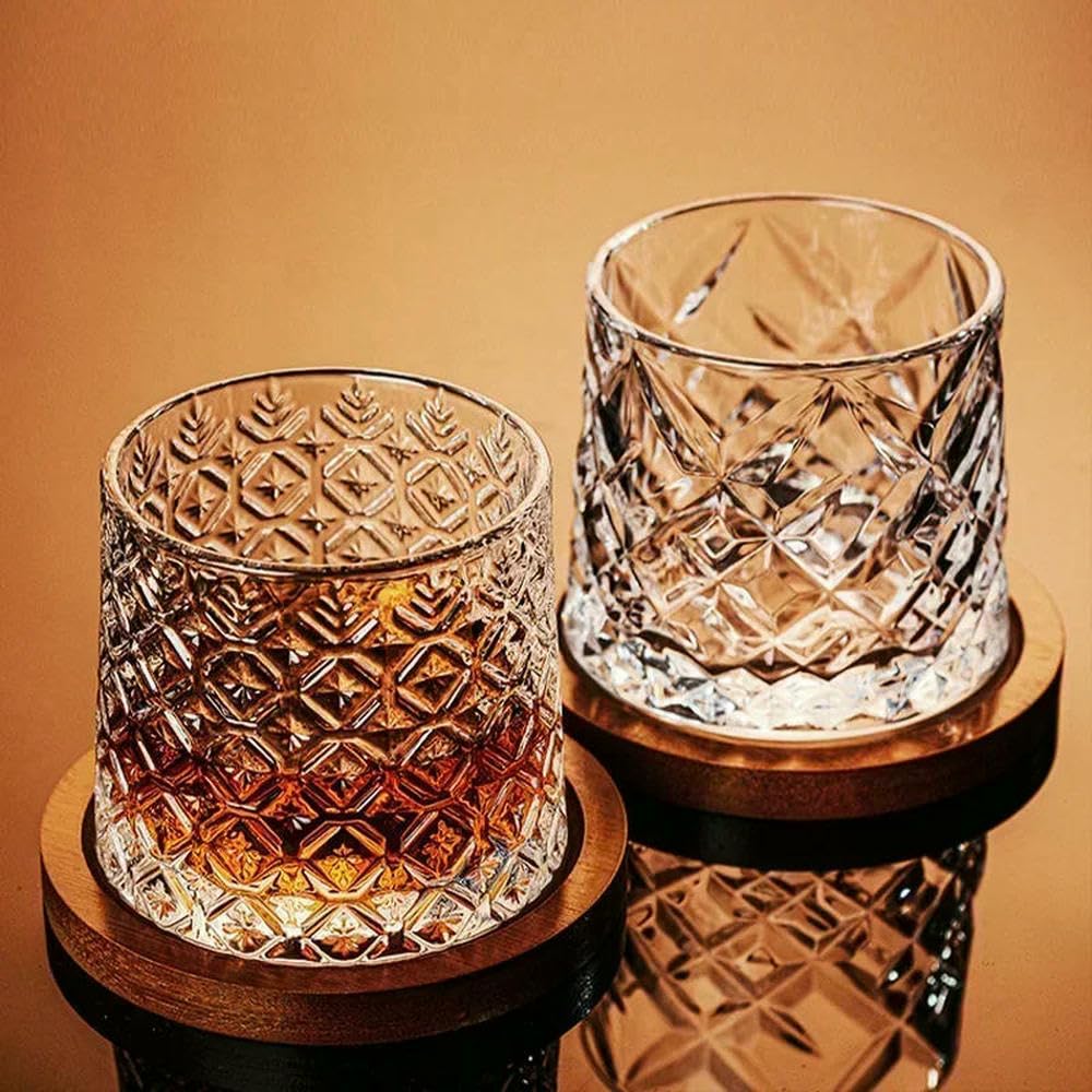 2 Piezas Vaso de Whisky Giratorio con Base, Vaso de Cristal Giratorio para Bourbon y Brandy, Vasos antiestrés, Regalo