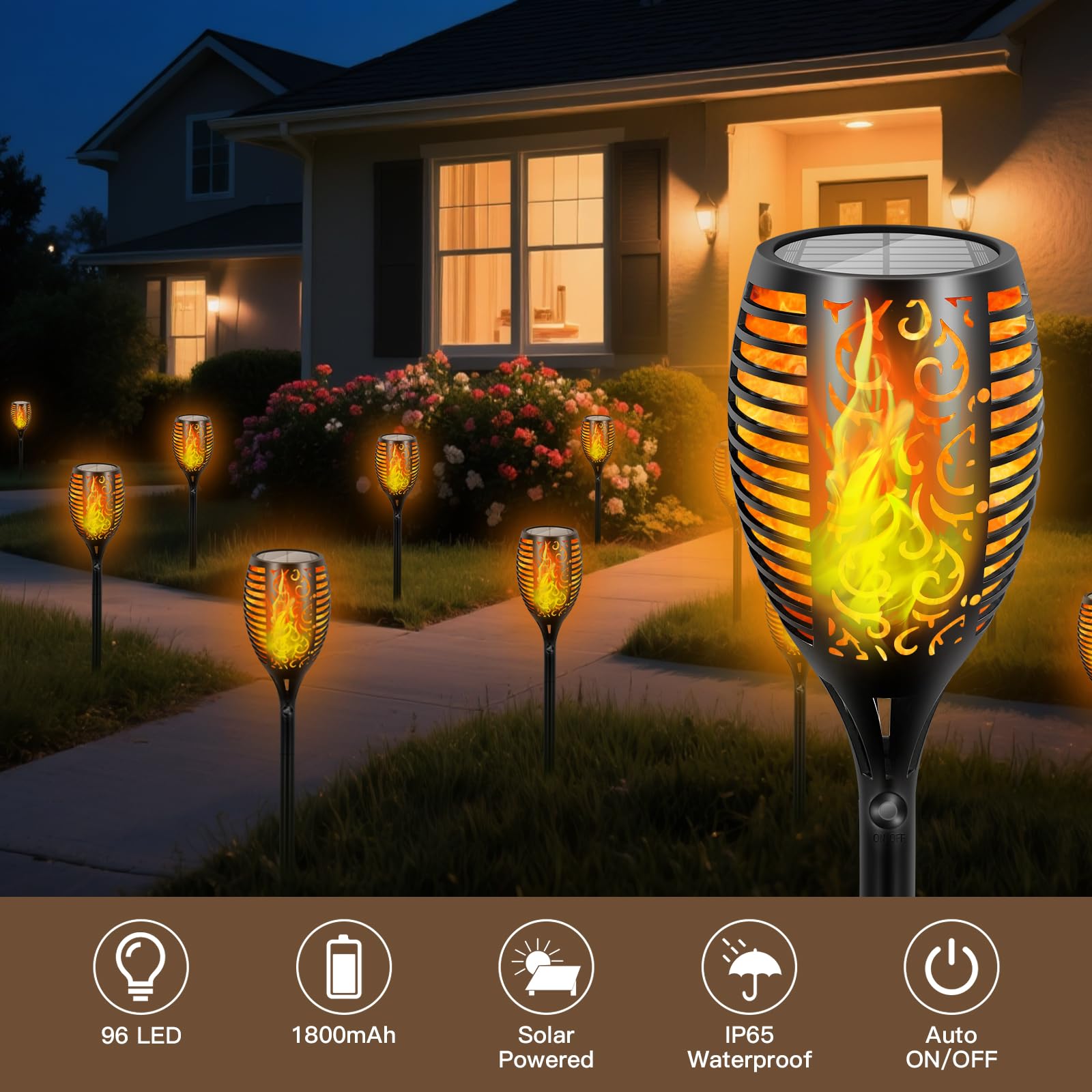 Solarleuchten für den Außenbereich, größer, 96 LEDs, Tiki-Fackeln mit flackernder Flamme, verbesserte Höhe, 109,2 cm, Außenlichter, wasserdicht, für Garten, Terrasse, Hof, Weg, Outdoor