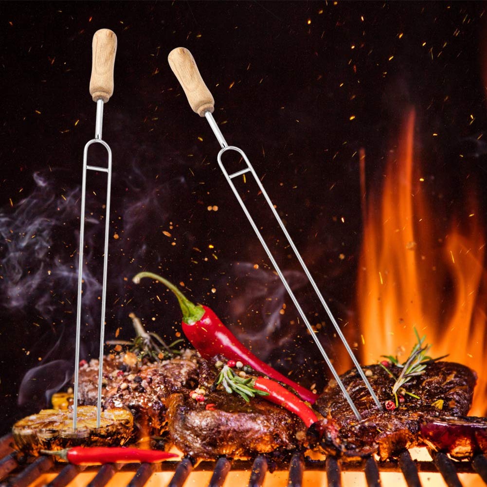 Spiedini per Barbecue a Forma di U, Forchetta in Acciaio Inossidabile Riutilizzabile con Manico in Legno per Arrosti, Kebab e Grigliate all'Aperto, Resistente al Calore, Ideale per Feste e Campeggio