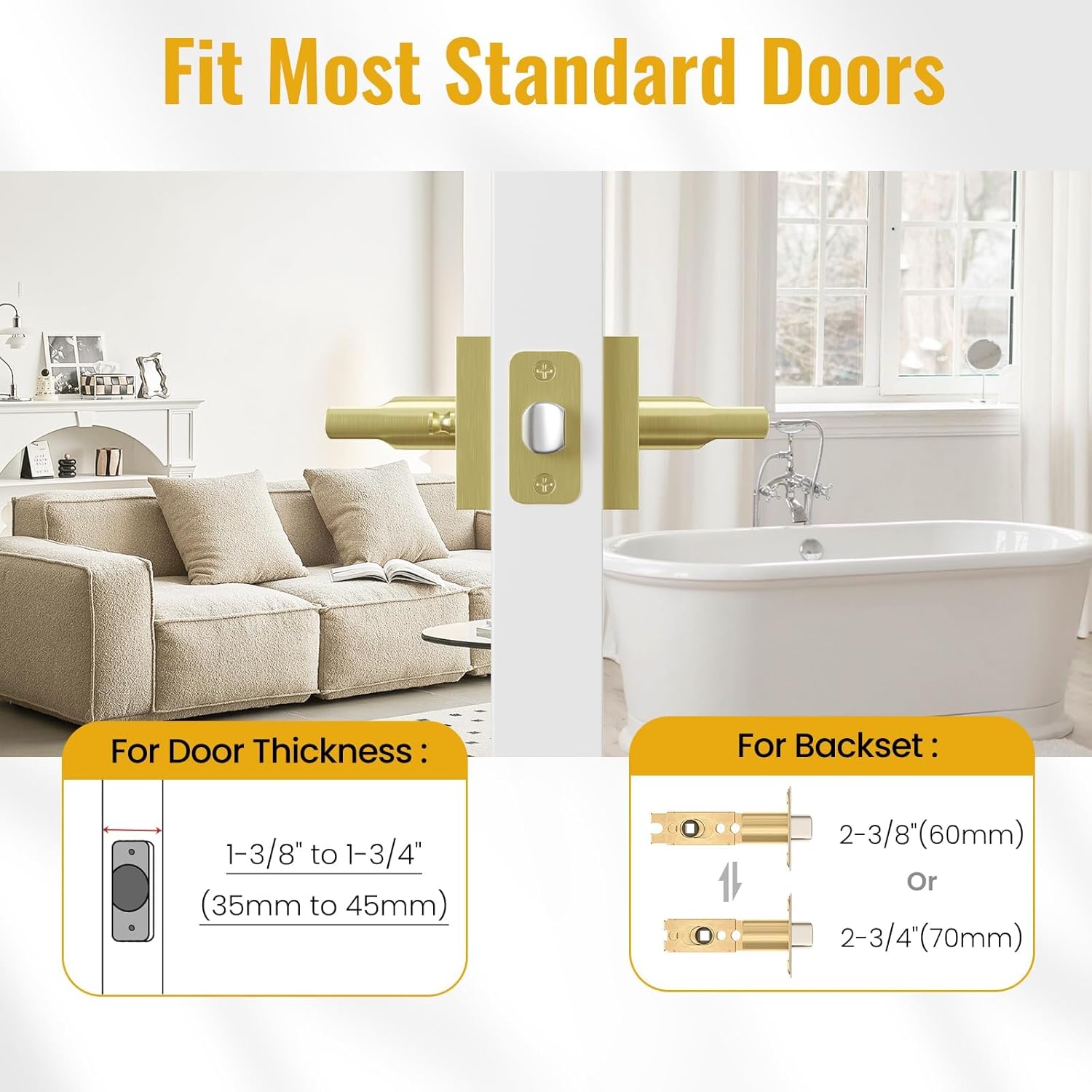 HOSOM Gold Door Knob with Lock Satin Brass Privacy Interior Door Handle Brushed Gold Door Handles for Bedroom Bathroom Keyless Reversible Door Lever Knob for Left & Right Handled Doors, 2 Pack 2 Pack Privacy-Satin Brass