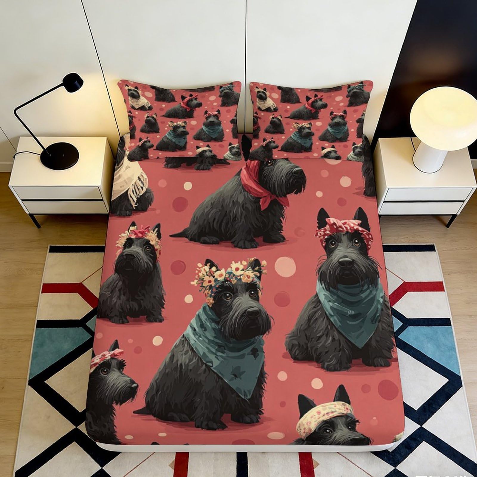 3D Printed Scottish Terrier Fitted Sheet Microfiber Soft Durable Dog Pattern Bed Cover for Bedroom Dormitory Guest Room Mattress Protection 200x200x25cm