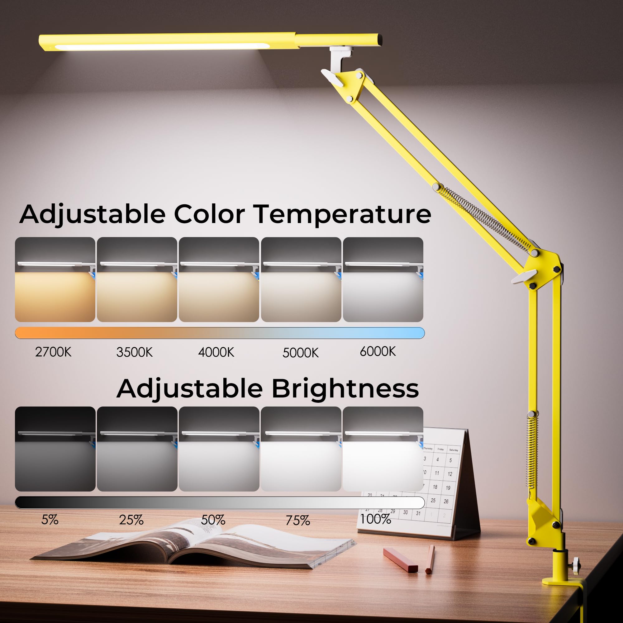 Lampada da scrivania a LED, lampada da scrivania per casa, ufficio, protezione degli occhi, lampada diurna, 5 temperature di colore e luminosità regolabili, con adattatore QC 3.0, 12 W, giallo