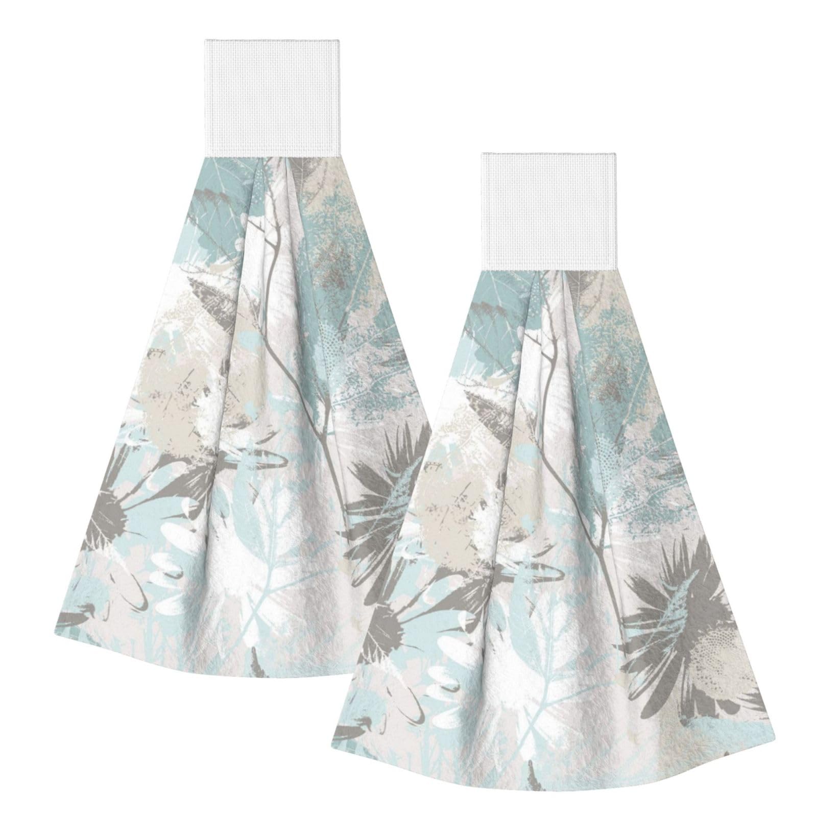DOPKLNA Mint Gray Leaves, 2 Pcs Hanging Coral Fiber Hand Towels for Bathroom, Absorbent Kitchen Towels