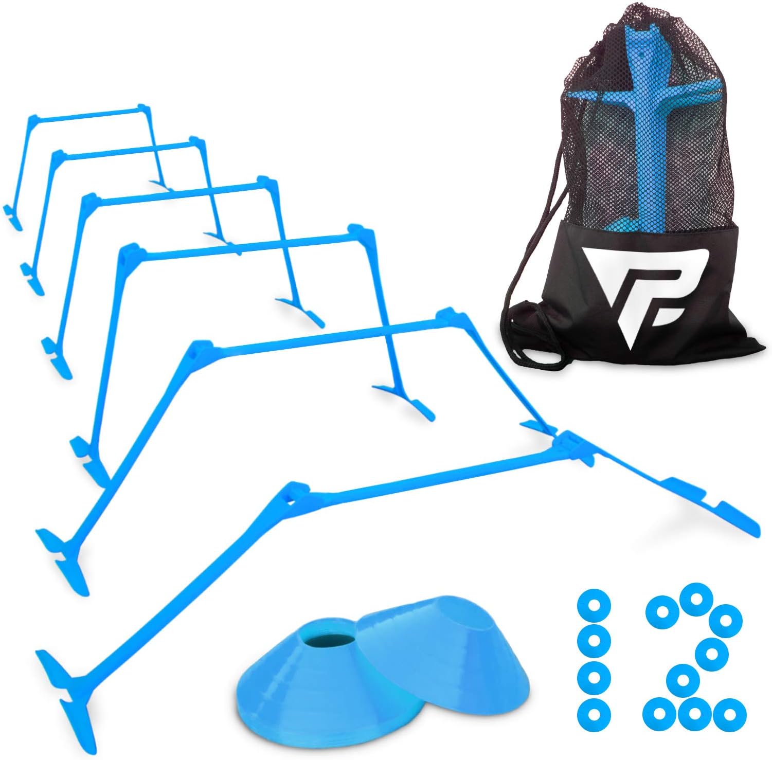 Pro Adjustable Hurdles and Cone Set – 6 Agility Hurdles (6", 9" or 12" Height) with 12 Disc Cones for Soccer, Sports, Plyometric Speed Training – Includes Carry Bag & 2 Agility Drills eBooks (Blue)