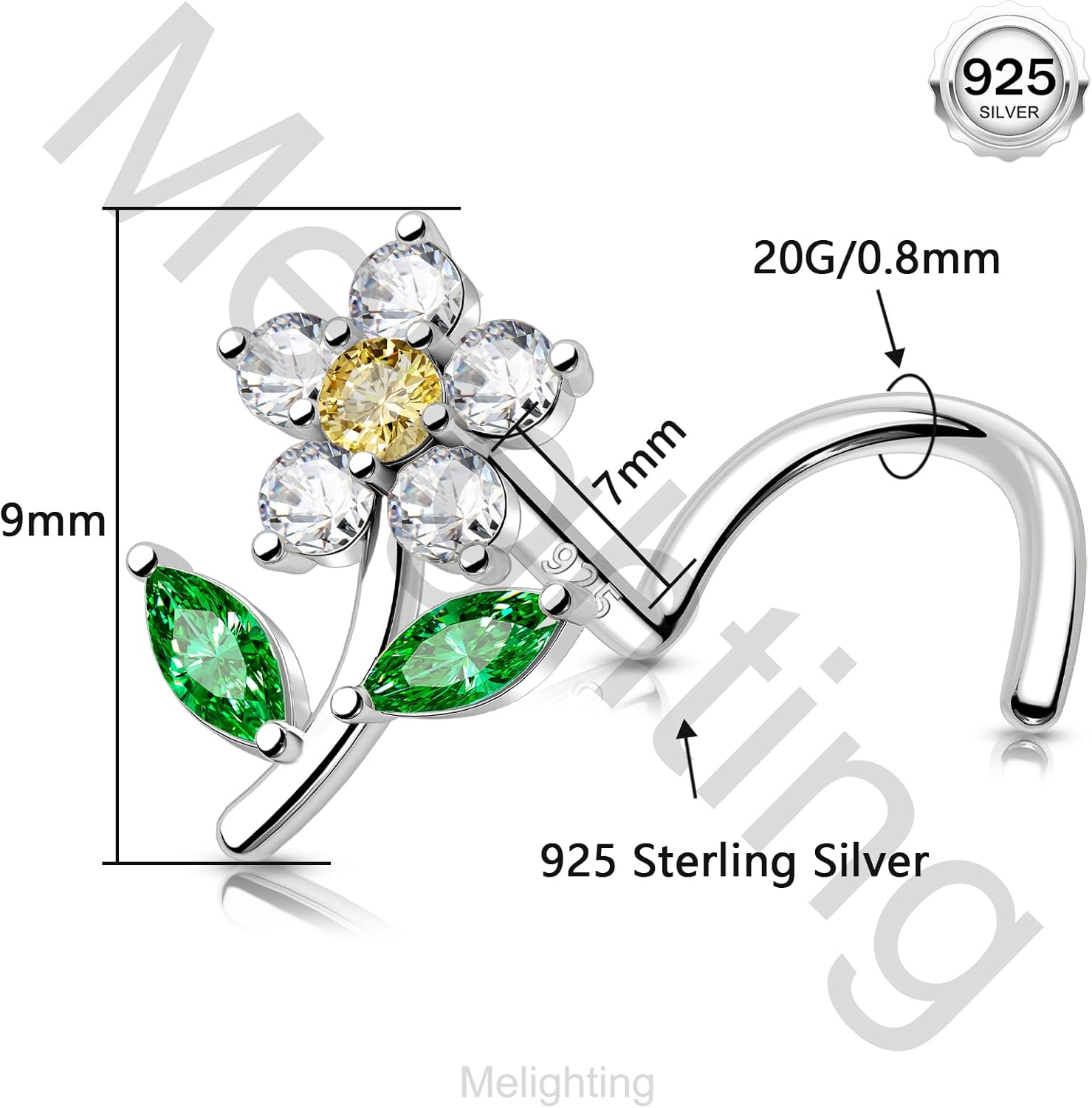 MeIighting 20G Sterling Silver 925 Flower Nose Stud S-Shaped Nose Piercing 7 mm Nose Ring Silver Nose Ring Clear CZ Cute Nose Piercing Jewelry for Women - Image 6