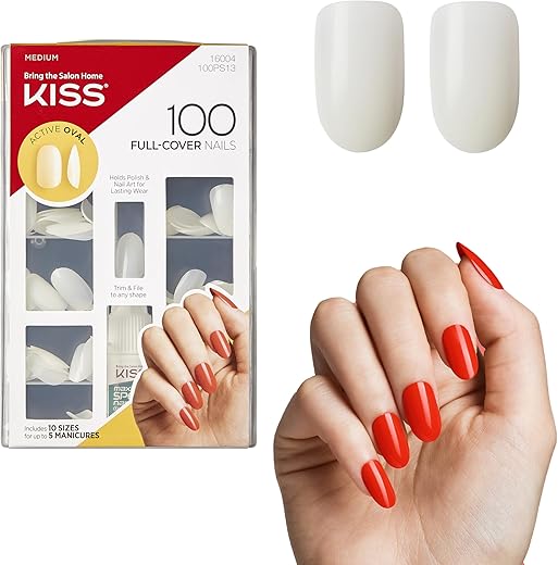 KISS 100 Full-Cover Nails, Press-On Nails, Nail glue included, 'Active Oval' Shape, Clear, Medium Size, Oval Shape, Includes 100 Nails, 3g Maximum Speed Nail Glue
