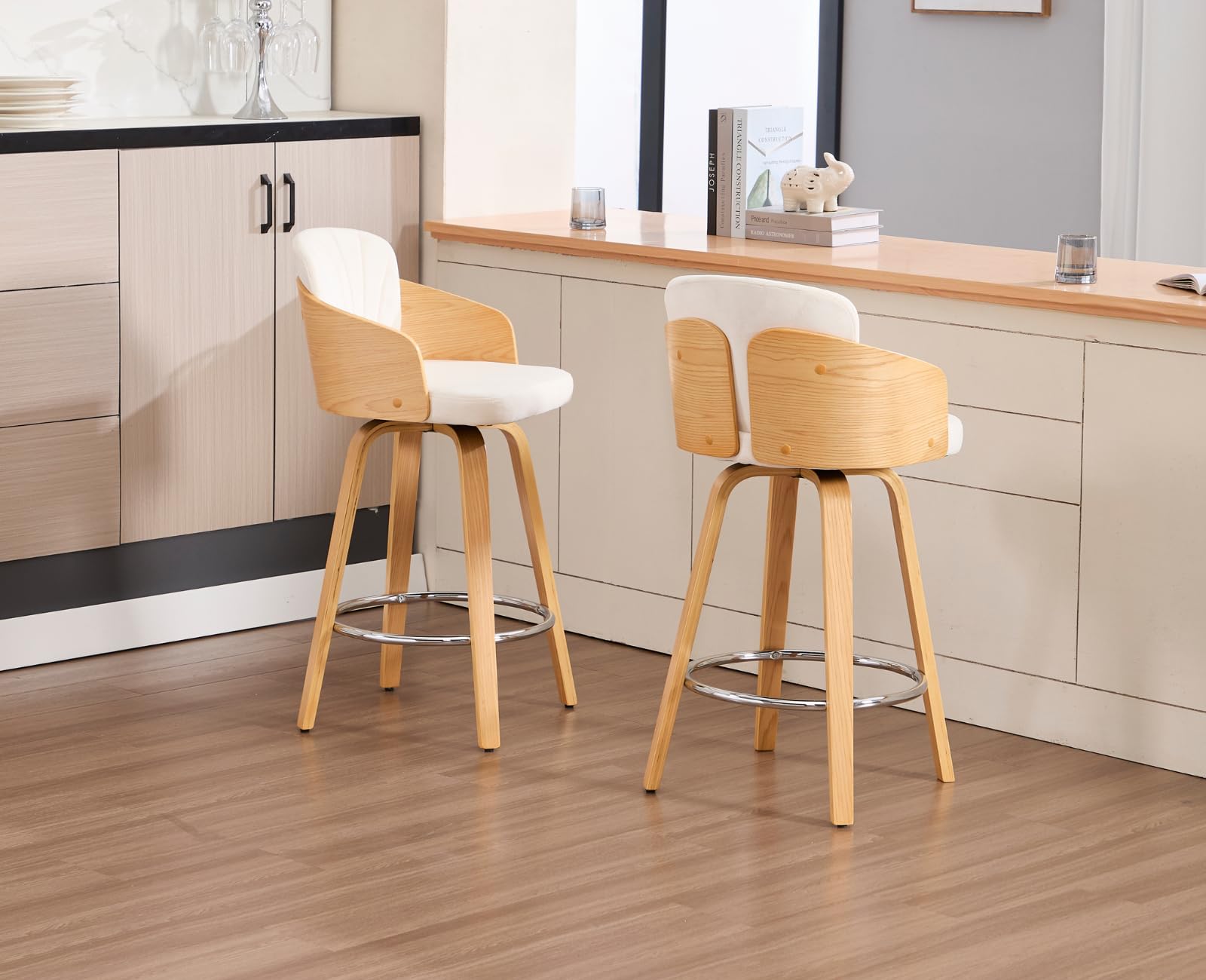 chairus 2PCS Taburetes de Bar de Madera Giratorias, Beige