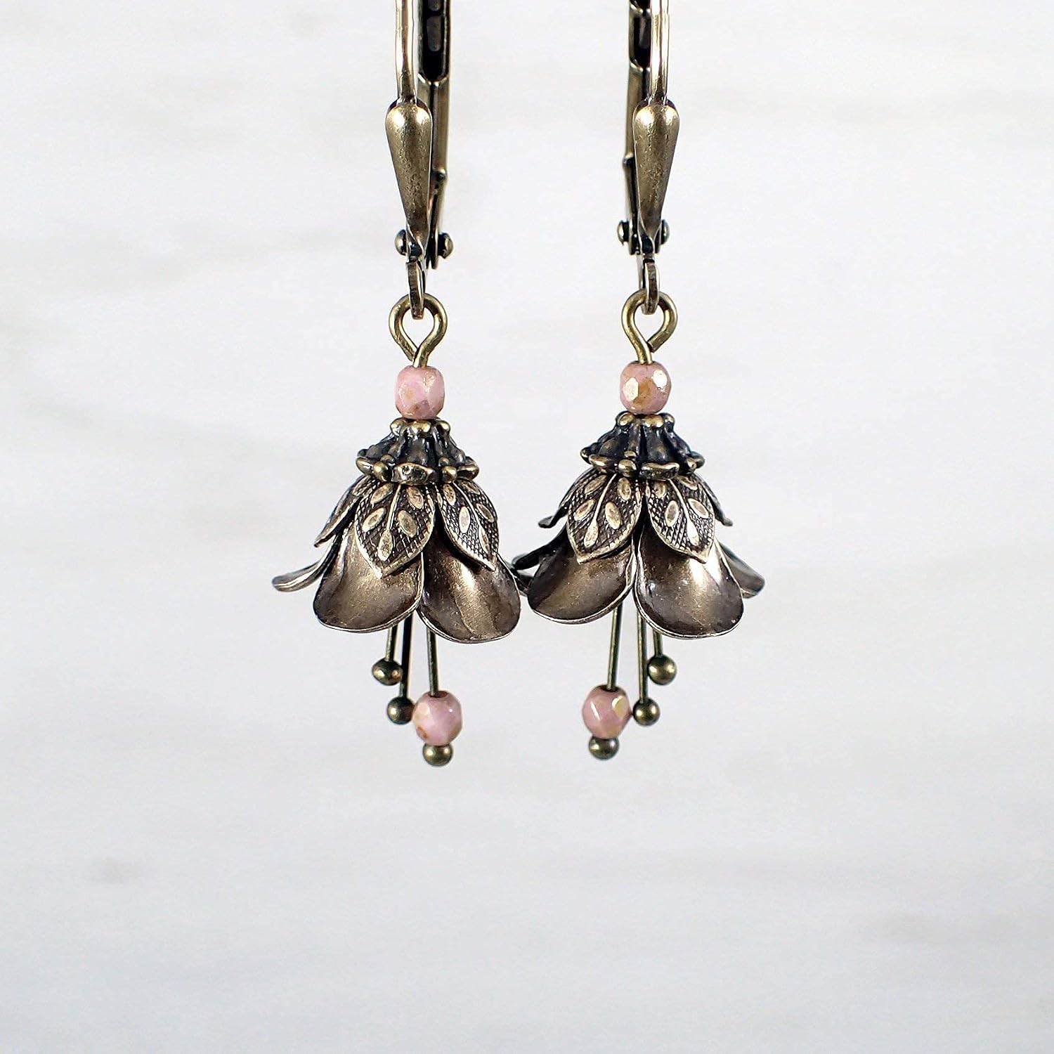 Vintage Style Dusty Pink Czech Glass and Brass Metal Flower Dangle Earrings
