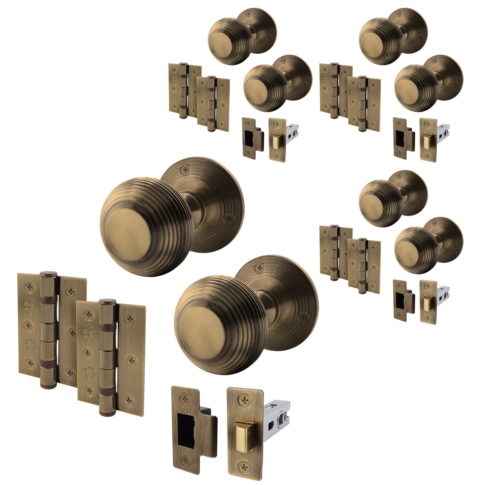 EAI Beehive Door Knob Set Antique Brass | 4 Pairs of Reeded Mortice Knobs (55mm), Latch (76mm) & Hinges (76mm) for Internal Doors