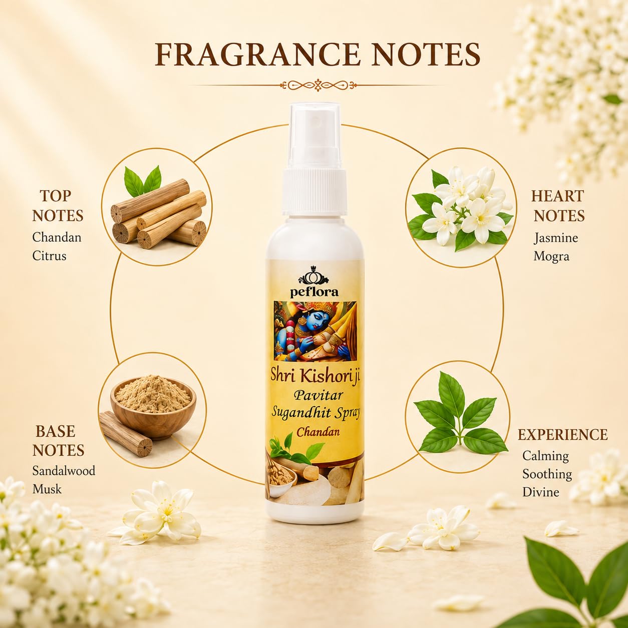 Peflora Shri Kishori ji Parivaar Sughandit Fabric Perfume, Smudge Spray, 100Ml/3.3 Oz, Sage Spray For Cleansing Negative Energy & Protection, Non-Toxic, For Spiritual, Smokeless (CHANDAN) 3
