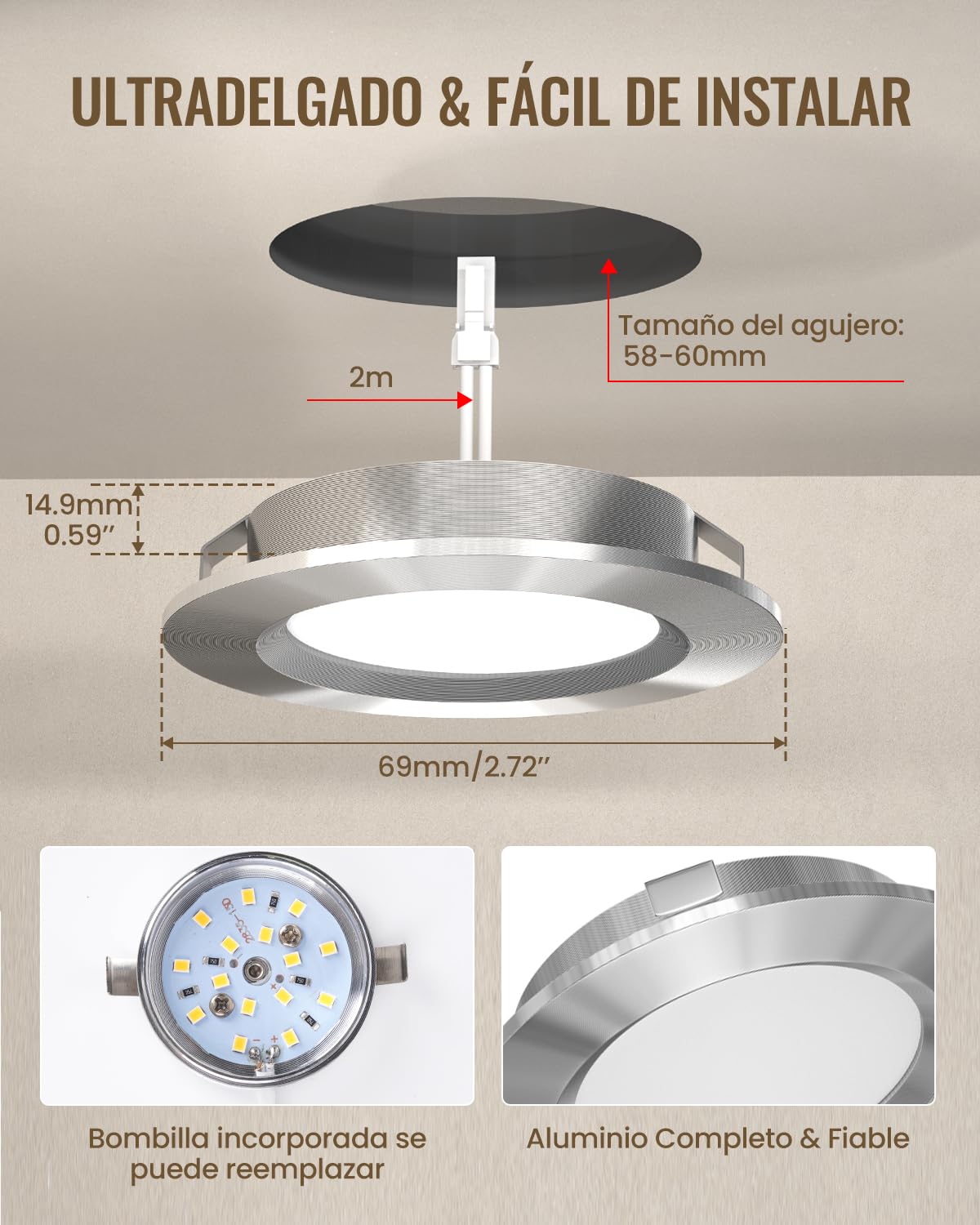 Luxvista Focos LED Interior Techo 12V, 3.5W Regulable Ojos de Buey LED Luz Calida 3000K Foco Empotrable LED de Techo Ultrafino Agujero 58-60mm para Caravana Barco Camper Armarios (3-Unidades