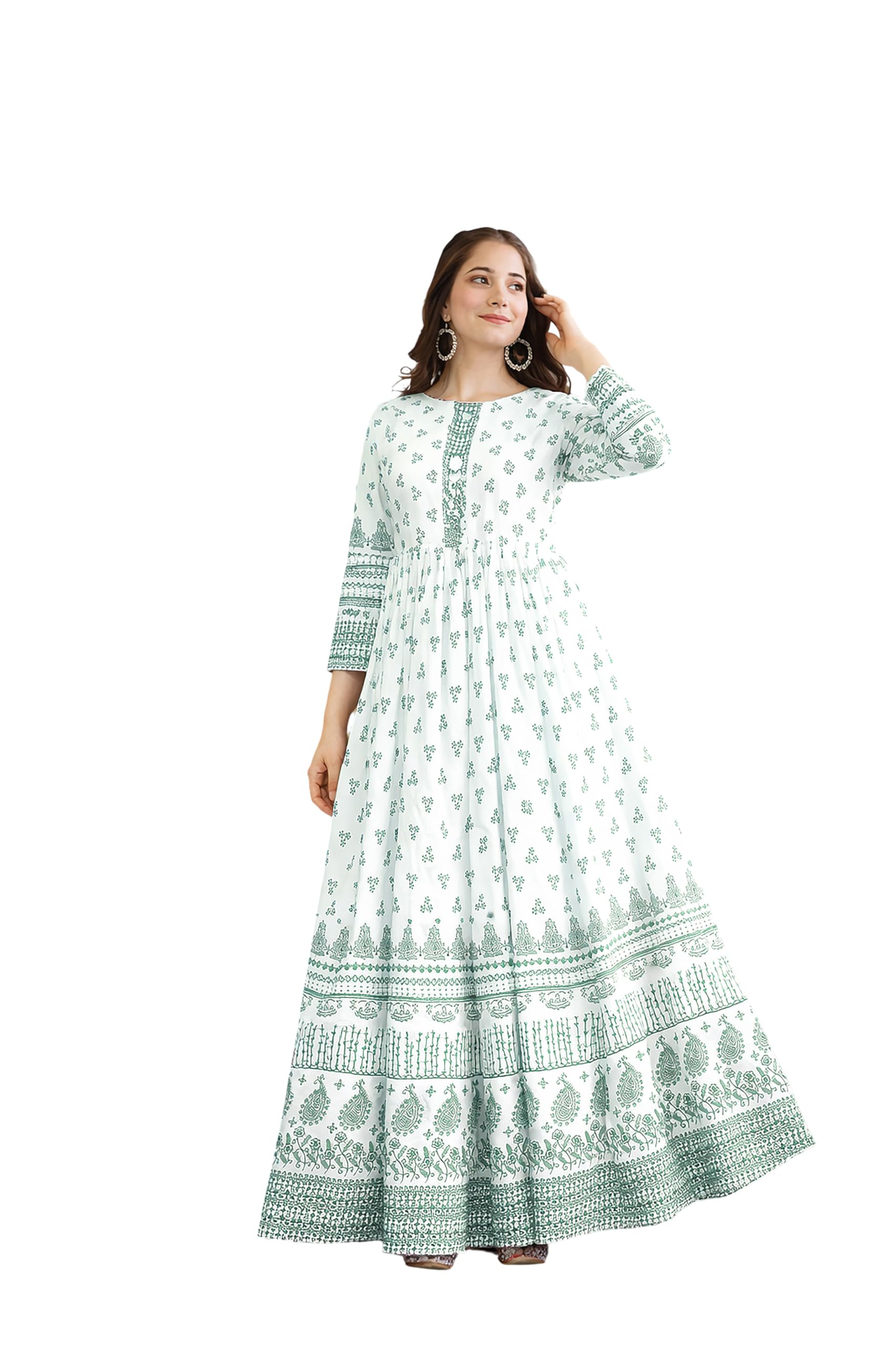 Women's Cotton Printed Anarkali Gown, Ethnic Long Flared Kurta Dress, 3/4 Sleeves, Casual Maxi Dress-image-30