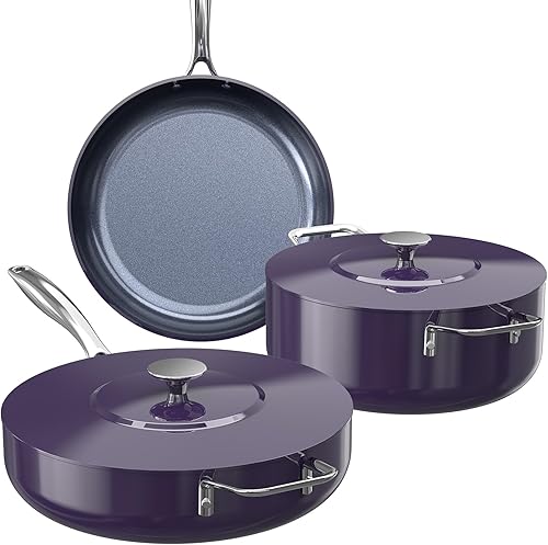 Nuwave Essential Series - Juego de utensilios de cocina de cerámica de 5 piezas, sin PFAS, revestimiento azul Duralon G11, juego de ollas y sartenes