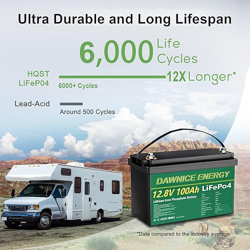 Miniatura 3 de Dawnice Batería LiFePO4 de 12 V 100 Ah Baterías de litio recargables de 1280 Wh, 6000 ciclos, BMS inteligente de 100 A integrado, perfecto para Rv
