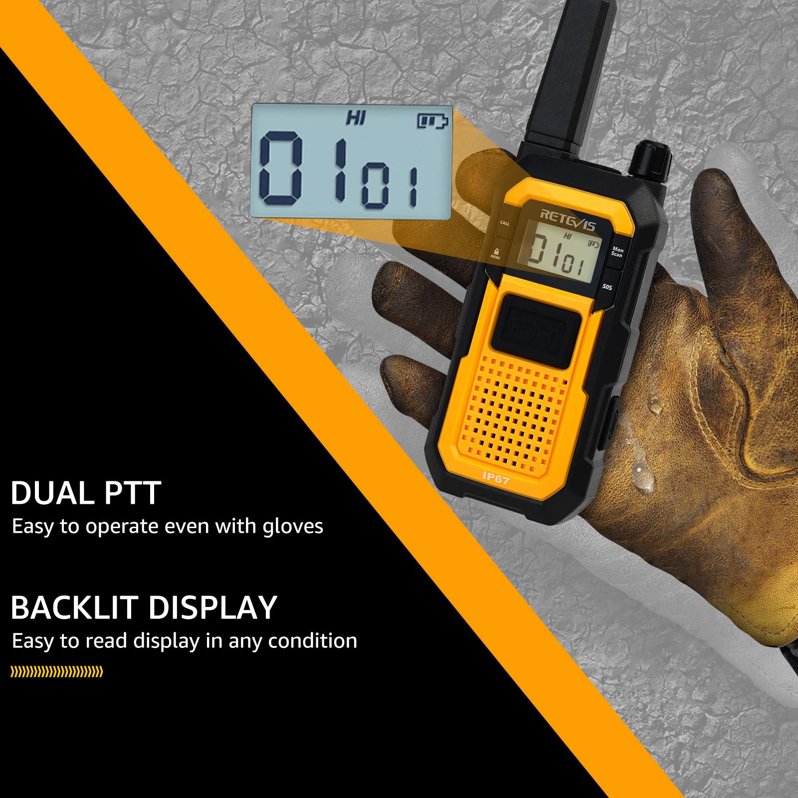 Retevis RB648 Talkie-walkie Robustes, Radio Bidirectionnelle Étanche IP67, 2000mAh Rechargeable, Double PTT, Alarme d'urgence, Triple Protection Avancée pour Industries Lourdes (4 Pièces, Jaune)