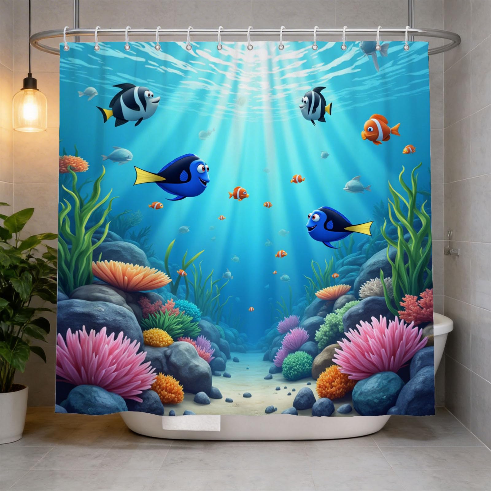 Hongduo 3D Coral and Fish Shower Curtain for Stalls Bathtubs Children'S Bathroom Decor Shower Curtain Set Polyester Fabric Waterproof 200x200cm/79X79 Inch with Hooks