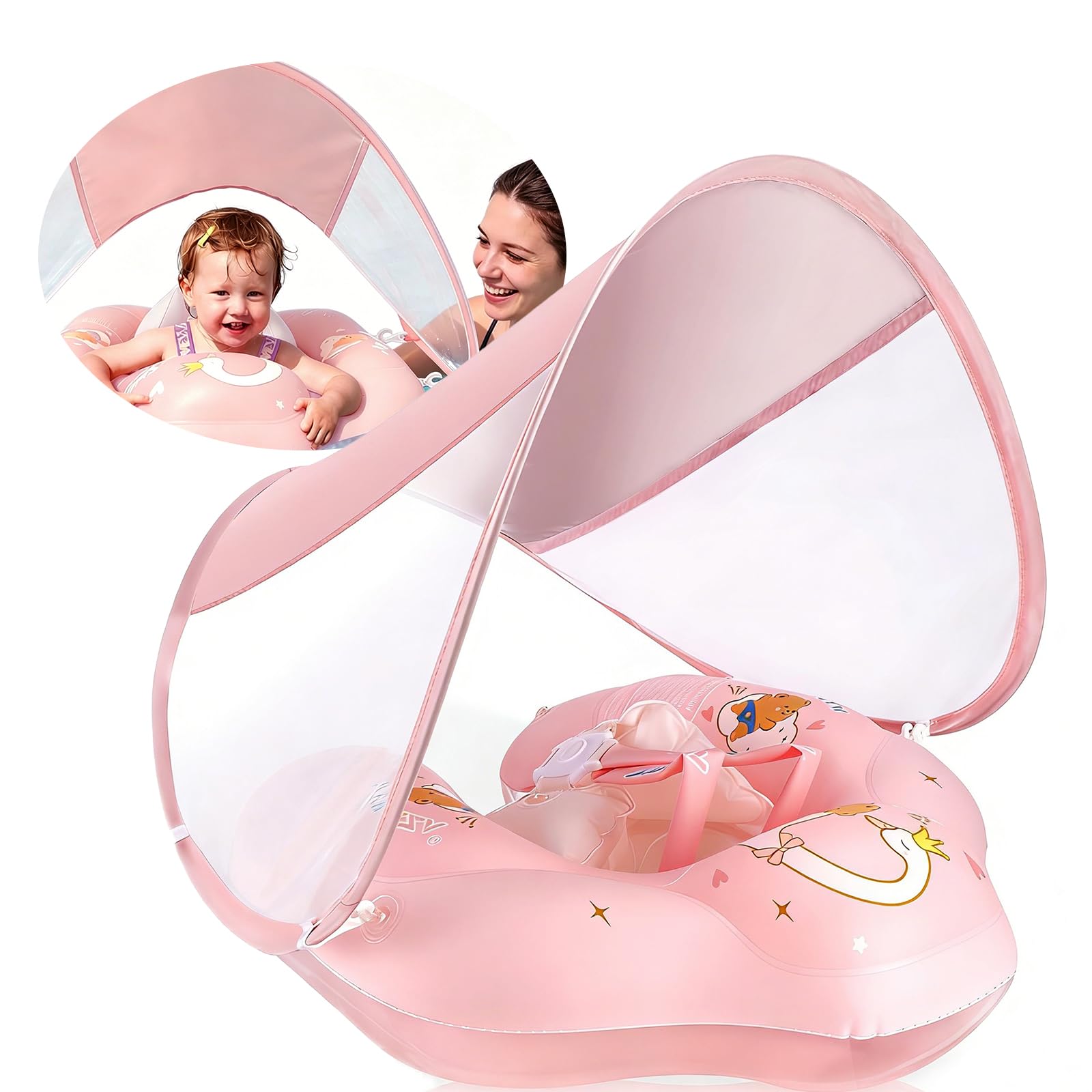 Float with Canopy and Tail New Upgraded Non-Inflatable Baby Pool Float Float Swim Trainer Solid Infant Swim Float Adjustable Baby Swim Ring