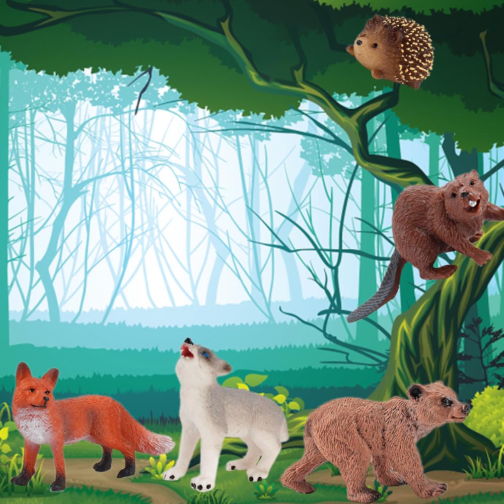 RANJIMA Safari Giocattoli Animali,Figurine di Ppiccoli Animali per Bambini, 16 Pcs Figure di animali della foresta in miniatura del bosco Figurine Topper per torta del bosco per Pasquali Bomboniere