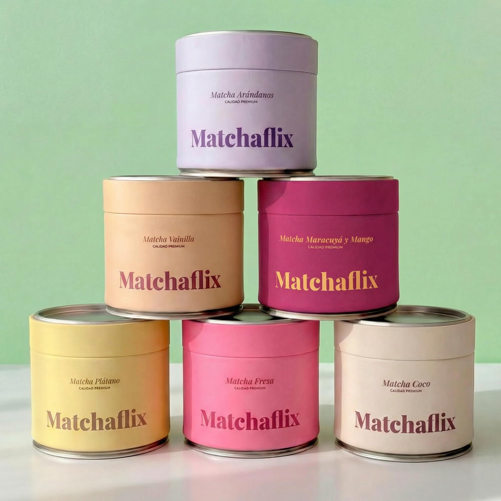 Matchaflix | Pack 6 Saveurs - Thé Matcha Premium 100% | Thé Matcha Original, Vanille, Coco, Cacao, Gingembre, Myrtilles | Matcha Poudre | Pour 3 mois