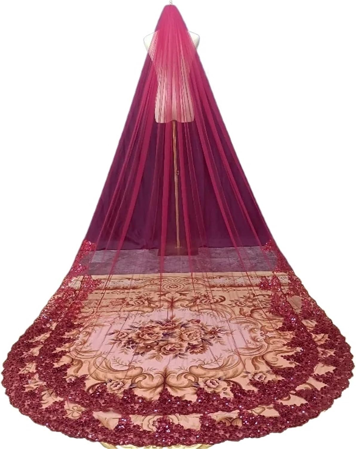 1 Tier Wine Red Bride Veil with Sequins Cathedral Veil Wedding Accessories Metal Comb