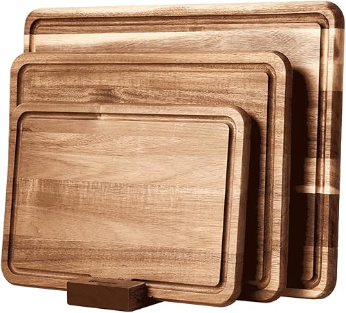 Wood Cutting Board Set of 3 for Kitchen, Acacia Wooden Cutting Boards, Thick Chopping Board with Deep uice Groove Butcher Block, Wooden Trays for Meat, Fruit and Cheese