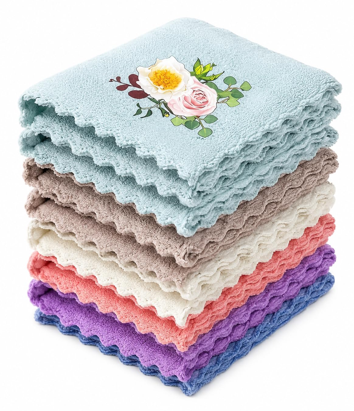 Floral Embroidered Terry Cloth Handkerchiefs with Lace Border, Multicolour, Set of 6-image-36