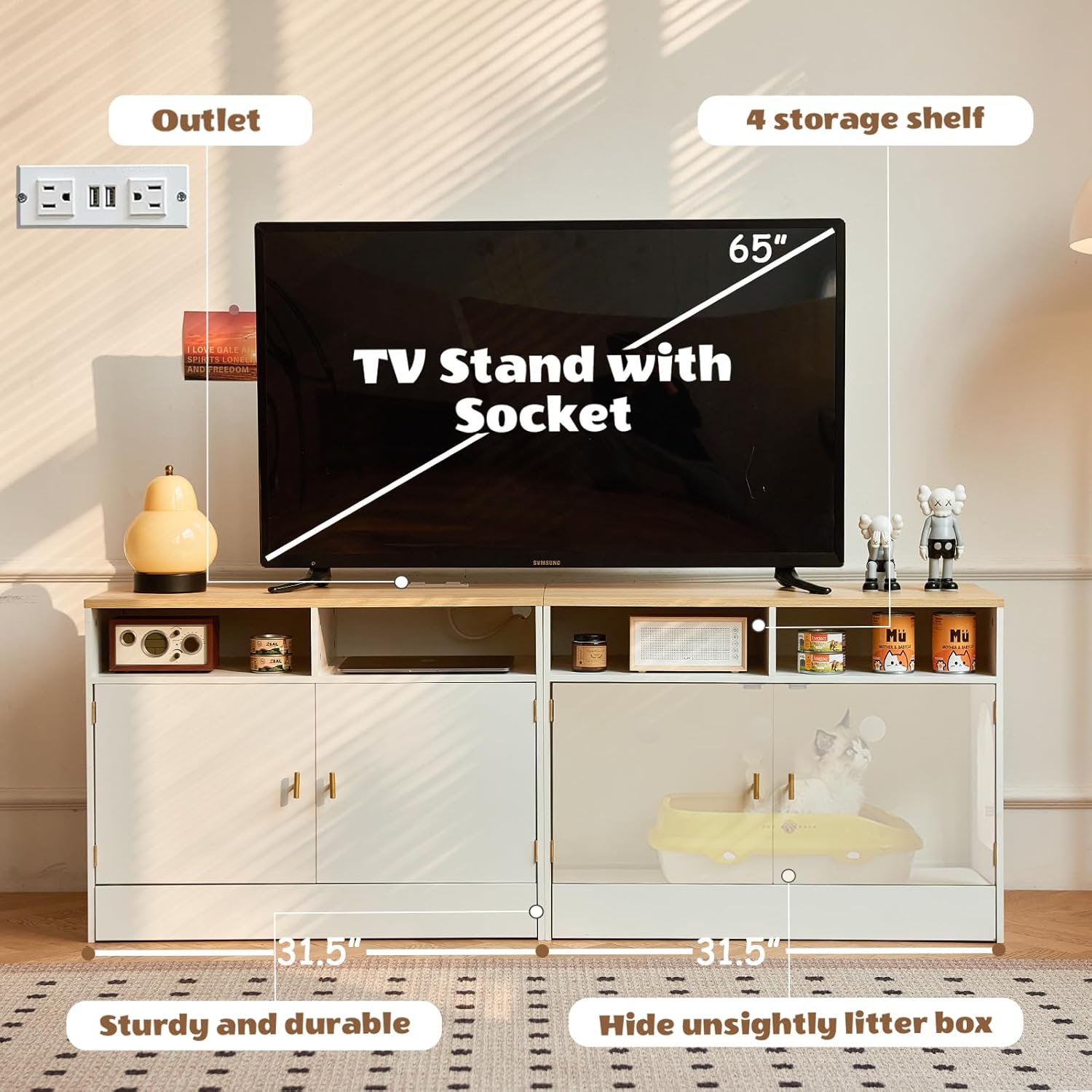 Cat Litter Box Enclosure for 2 Cats, TV Stand with Storage & Outlet, 63" Double Litter Box Enclosure Furniture, Wooden Enclosed Litter Box Cabinet, 63”L x 15.7”W x 23.6”H, White & Wood