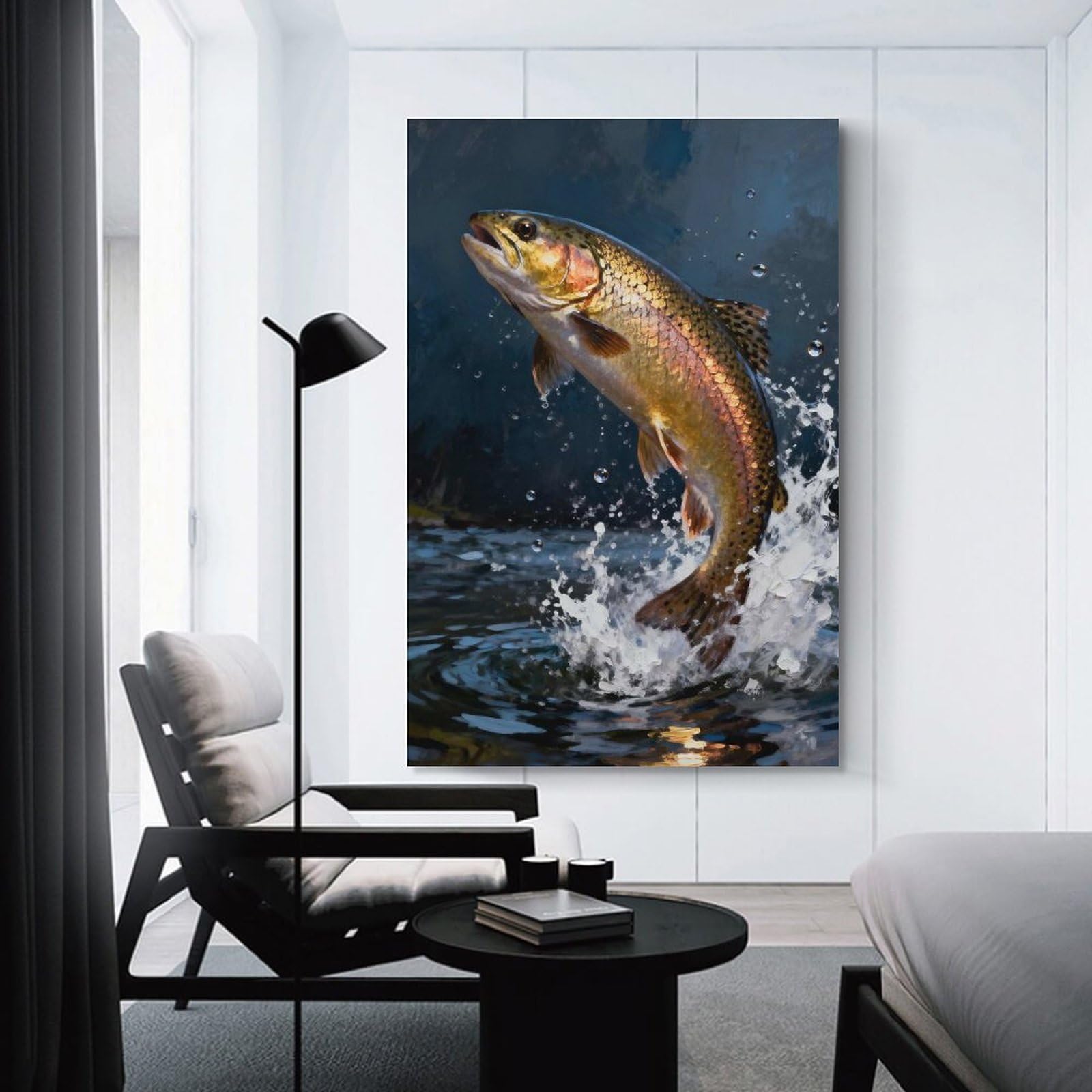 Junmoney Leaping Trout Painting Canvas Wall Decor, 12x18inch(30x45cm), for Office, Study Or Home Workspace, Wall Art That Adds Style to Work Areas
