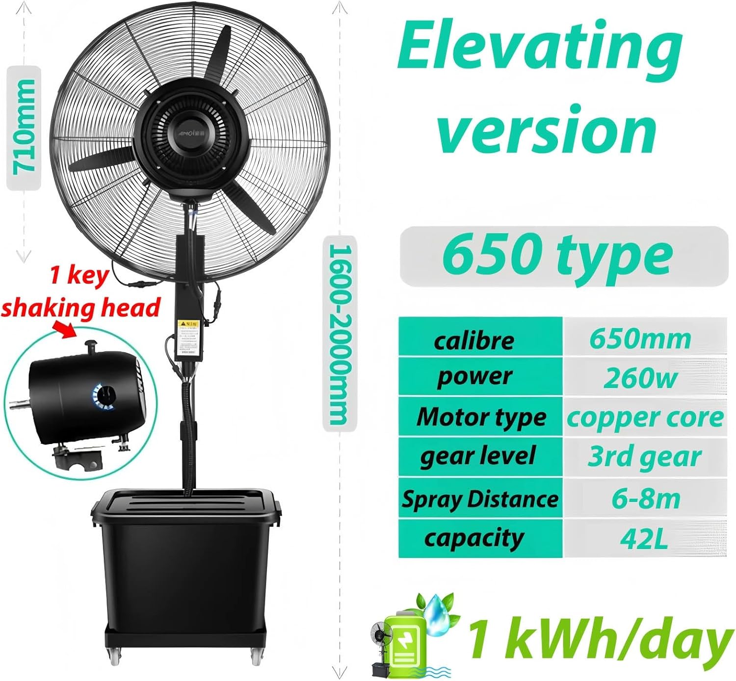 Standing Misting Fan Floor Fan With 90° Oscillation, High Velocity Industrial Mister With 11 gallons Water Tank, 260W/350W Spray Fans For Outdoor Cooling Patio Barn Greenhouse(Liftable,650)