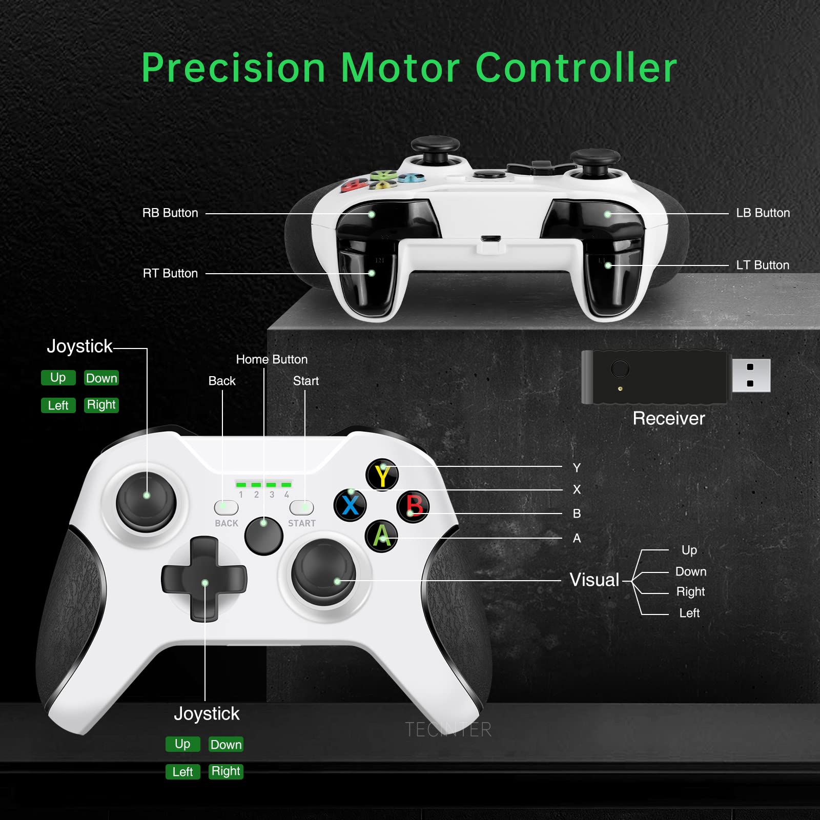 TECTINTER Mando Inalámbrico Xbox One Mando de Juego 2.4Ghz Compatible con Xbox One/One S/One X/Elite/Windows/PS3, Incorporado 600mAh,Vibración Dual,Joystick 3D Mejorado