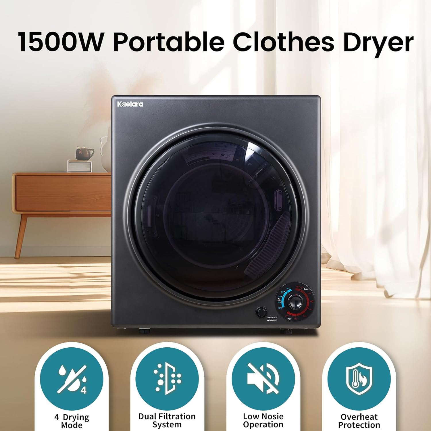 Kaelara Portable Dryer 3.5 cu.ft, 1500W Compact Dryer with Stainless Steel Tub, 4 Drying Mode, Overheat Protection, Apartment, Dorms, RVs, Black