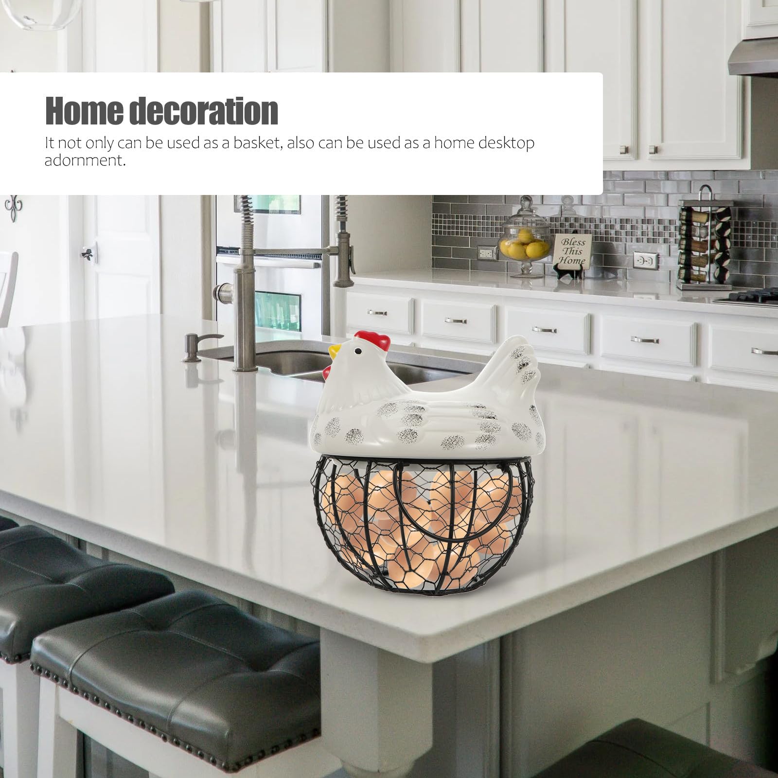 Cesta para Huevos Diseño de Gallina, Cerámica E Hierro Blanco