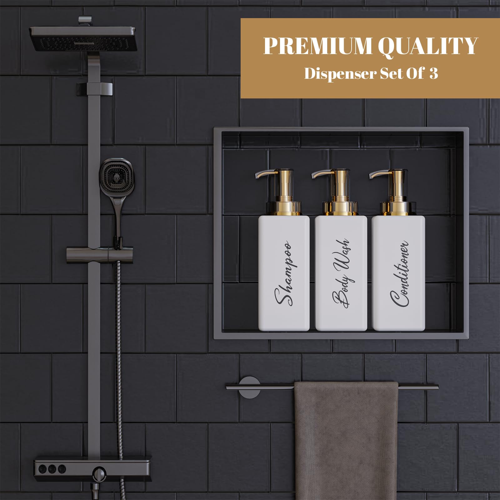 Akalin Refillable Shampoo and Conditioner Bottles, 16oz White and Gold Soap Dispenser Bathroom - Image 4
