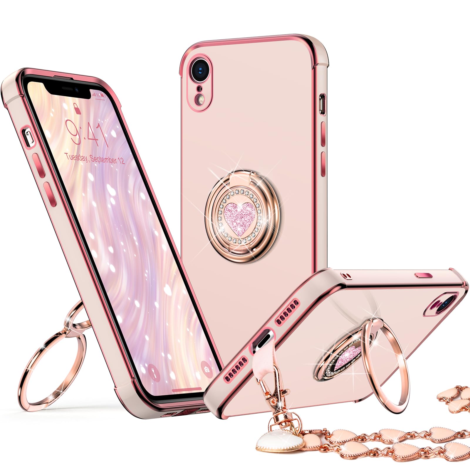 XYZ for iPhone XR Case with Stand, iPhone XR Phone Case with Double Ring Kickstand, Women Girl Cute Love-Heart Luxury Bling Protective Case Heart for